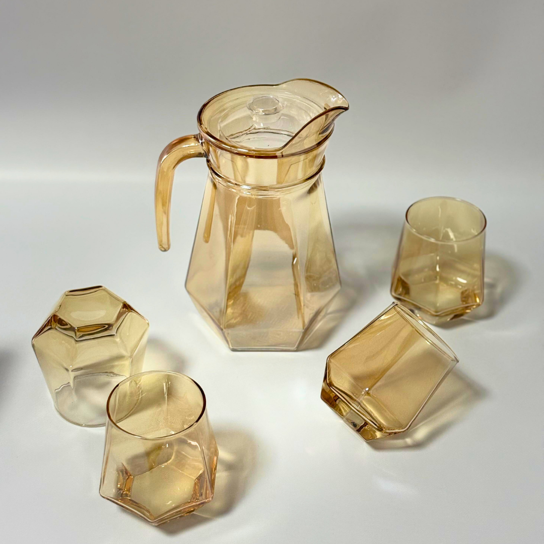 Set de pichel + 4 vasos octagonales ámbar
